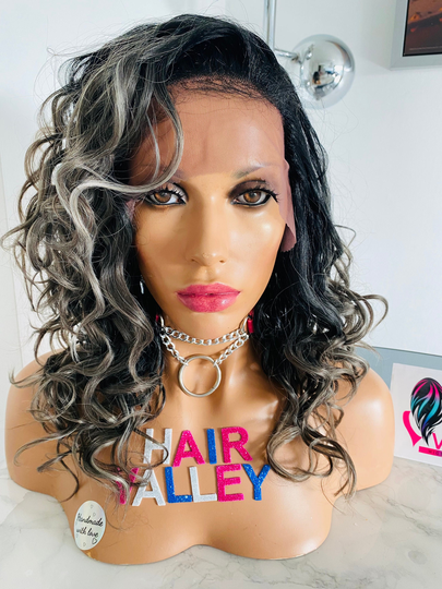 Lace Front Wig Gray Human Hair Blend Ombre Highlights Blonde Rooted Silver Synthetic Ash Bob Wavy Curls Alopecia Gothic