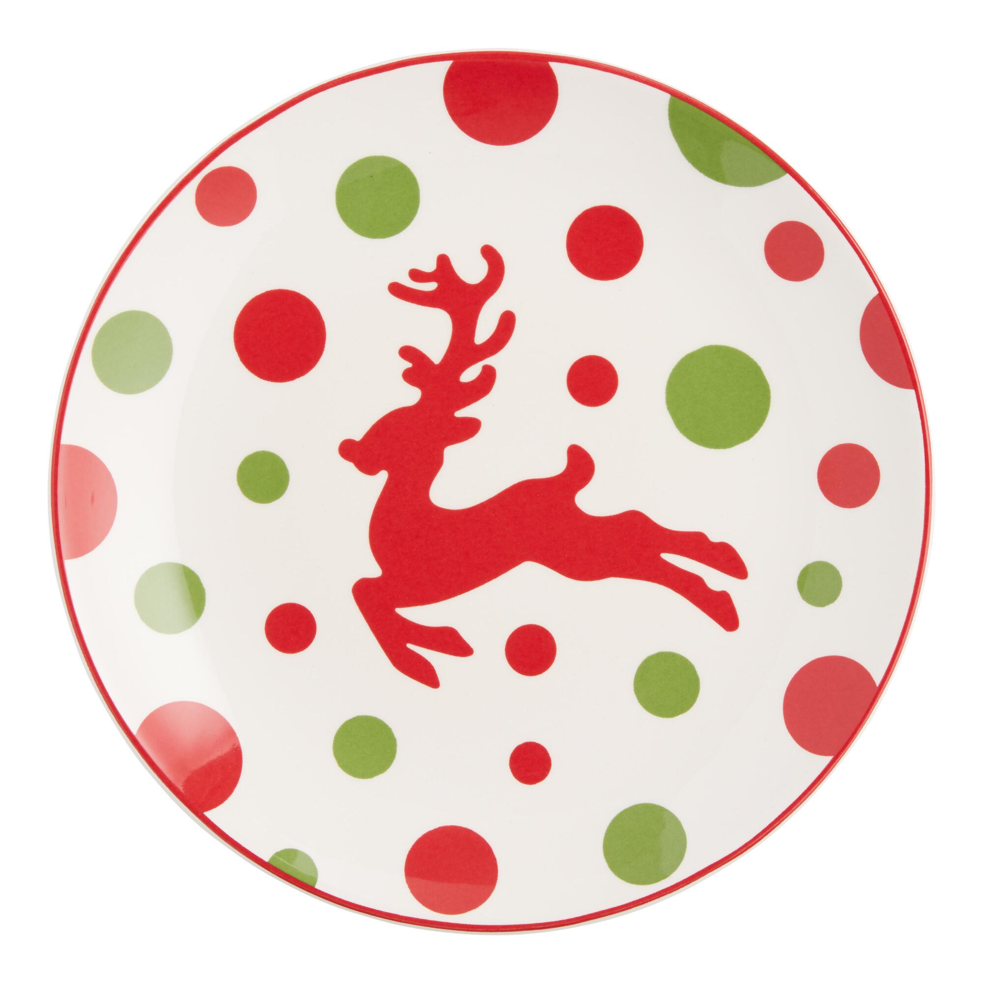 Pier Place Peppermint Dot Reindeer Salad Plate: Green/Red/White - Earthenware by World Market
