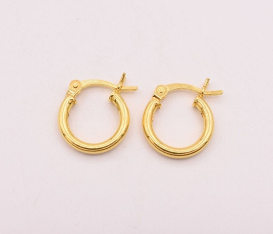 2mm X 12mm 1 1/2" All Shiny Plain Hoop Earrings 14K Yellow Gold Clad Silver 925
