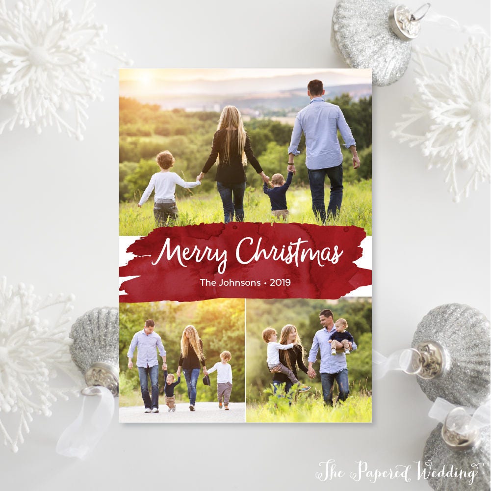 Printable Or Printed Red Watercolor Christmas Cards - Photo Holiday With Three Pictures 034 P3