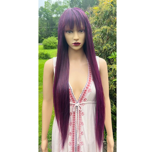 Long Straight Sangria Human Hair Blend Daily Wig With Bangs