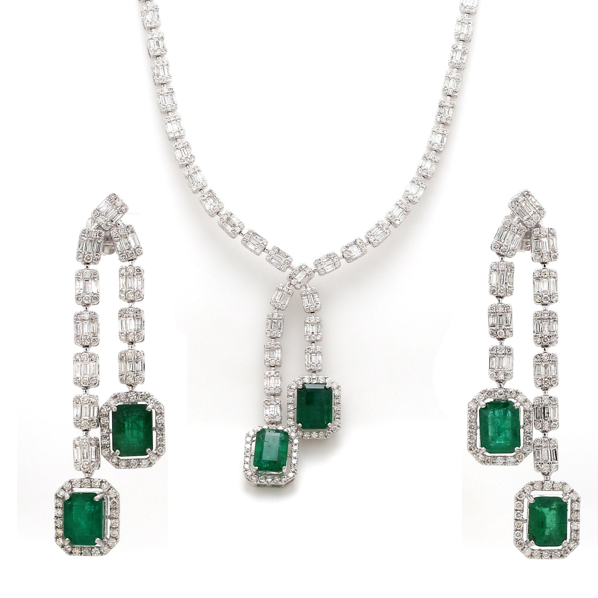 On Sale Natural Emerald Diamond Wedding Necklace & Earrings Jewelry Set 18K Gold Si Clarity Hi Color Certified Diamonds Anniversary Gifts