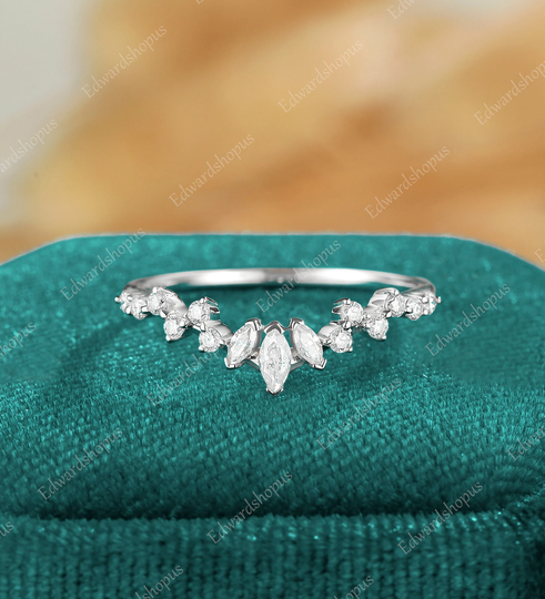 Moissanite Wedding Band Women Vintage Curved Half Eternity White Gold Marquise Cut Stacking Diamond Bridal Gift For Her