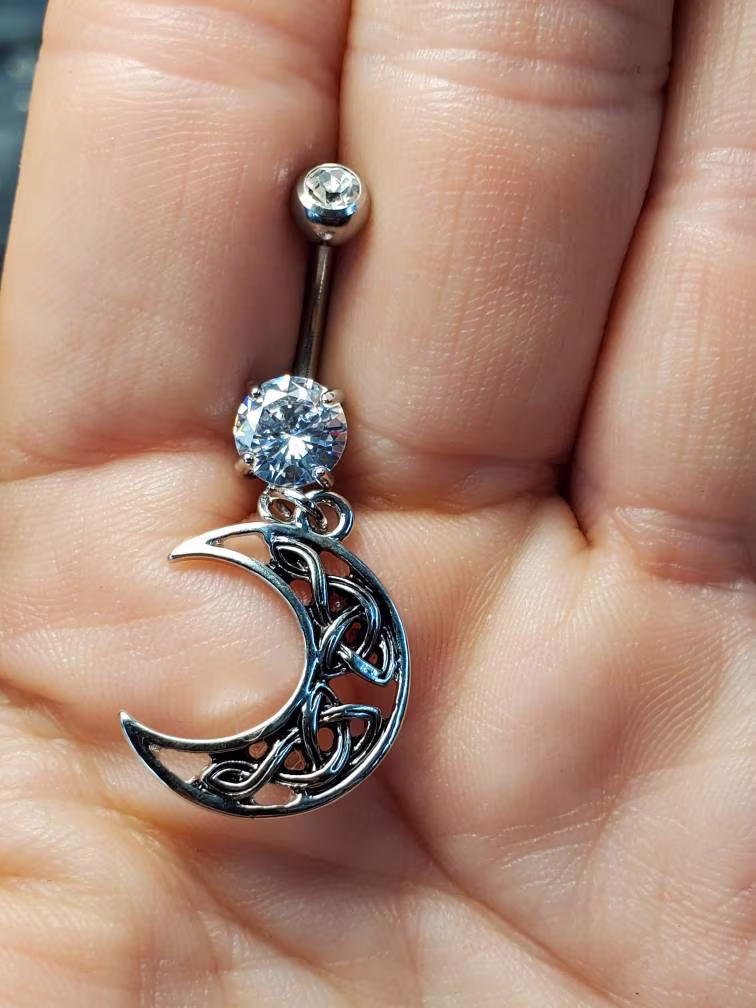 Celtic Moon Dangle Cz 14 Gauge Belly Ring