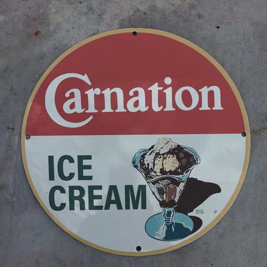 Vintage 1968 Carnation Ice Cream Frozen Dessert Porcelain Gas & Oil Pump Sign