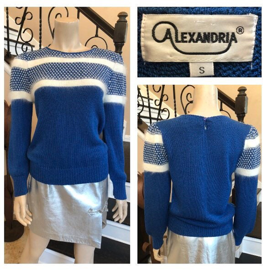 Soft Vintage Blue & White Angora Blend Sweater By Alexandria With Silver Lurex Sparkle/Small