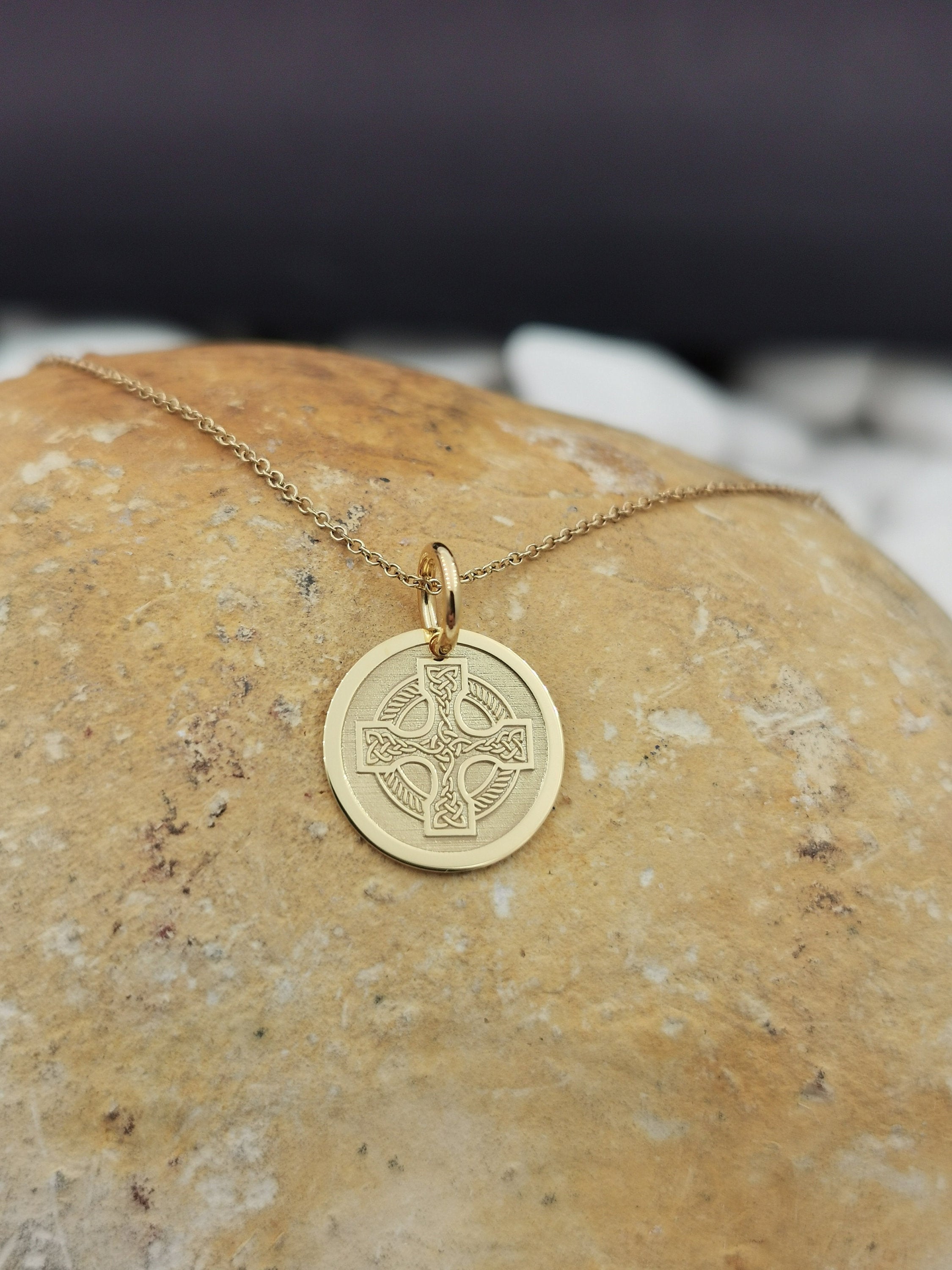 14K Solid Gold Celtic Cross Necklace, Personalized Pendant, Trinity Knots Irish Jewelry
