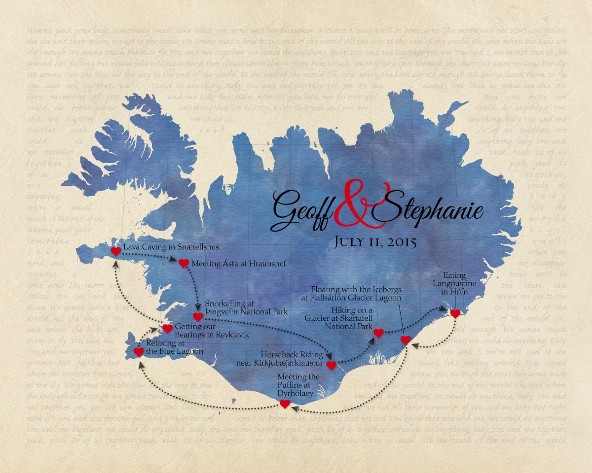 Custom Anniversary Gift, Wedding Present, Personalized Iceland Map, Song Lyric Print, Destination Keepsake, Honeymoon Memento