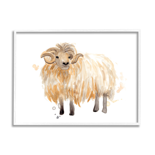 Stupell Industries Stupell Industries Stoic Highland Mountain Goat Curved Horn Ram White Framed Giclee Texturized Art by June Erica Vess, 11 x 1.5 x