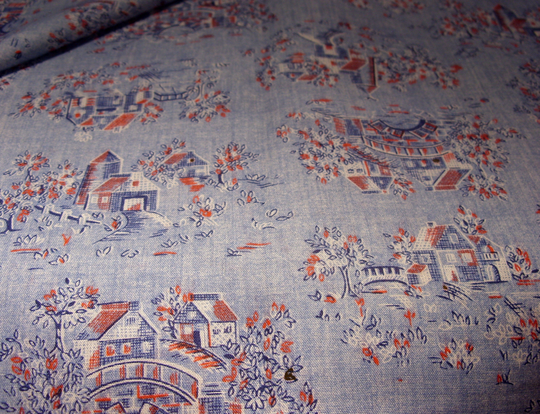 Cotton Blend Vintage Blue, Red & White Print Fabric Has Farm Village Scenes With Bridges, 3 Yards Long X 45 Inches Wide, Home Sewing