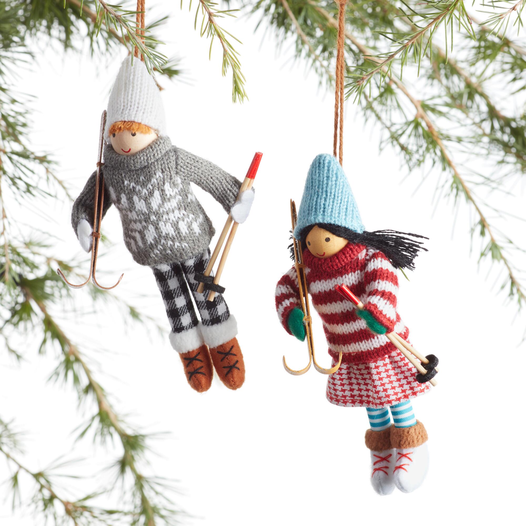 Fabric and Wood Skier Ornaments Set of 2: Multi by World Market
