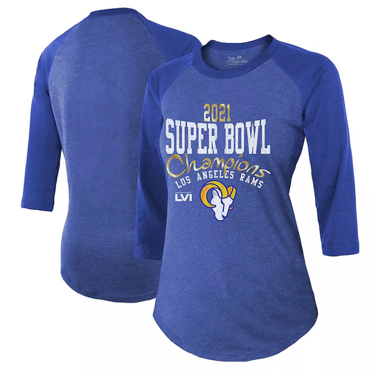 Women's Majestic Threads Heathered Royal Los Angeles Rams Super Bowl LVI Champions Roaring Success Tri-Blend 3/4 Sleeve Raglan T-Shirt, Size: Large,
