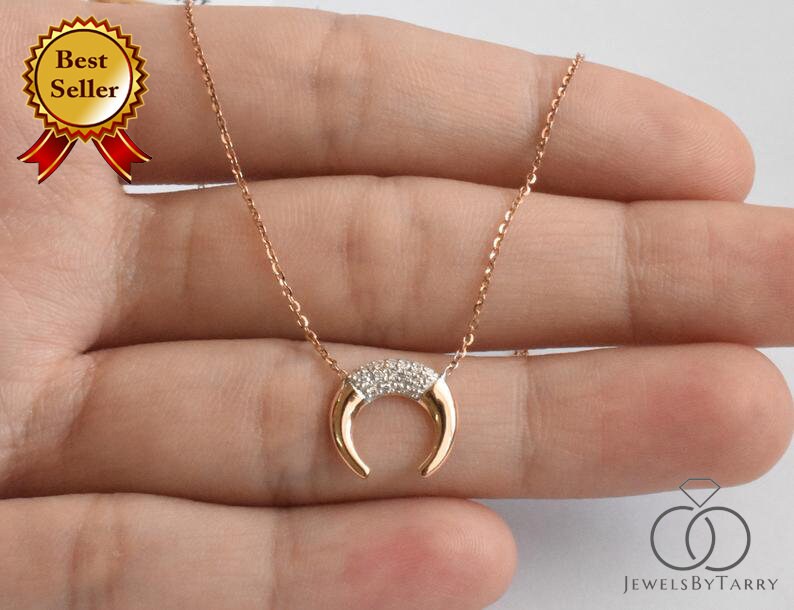 Diamond Horn Necklace/10K 14K 18K Gold Double Pendant Dainty Crescent Moon Layering