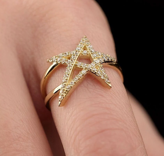 Open Star Ring, Big Star, 14K Solid Gold, Celestial Double Band, Intertwined Ring, Cut Out Ring, Unique Gift For Her, Anniversary, Birthday