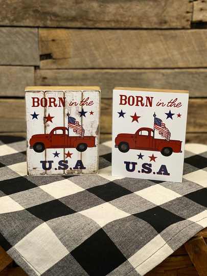 Born in The USA Wooden Block Sign, 4Th Of July Tiered Tray Decor, Red White & Blue Farmhouse Home Small Signs