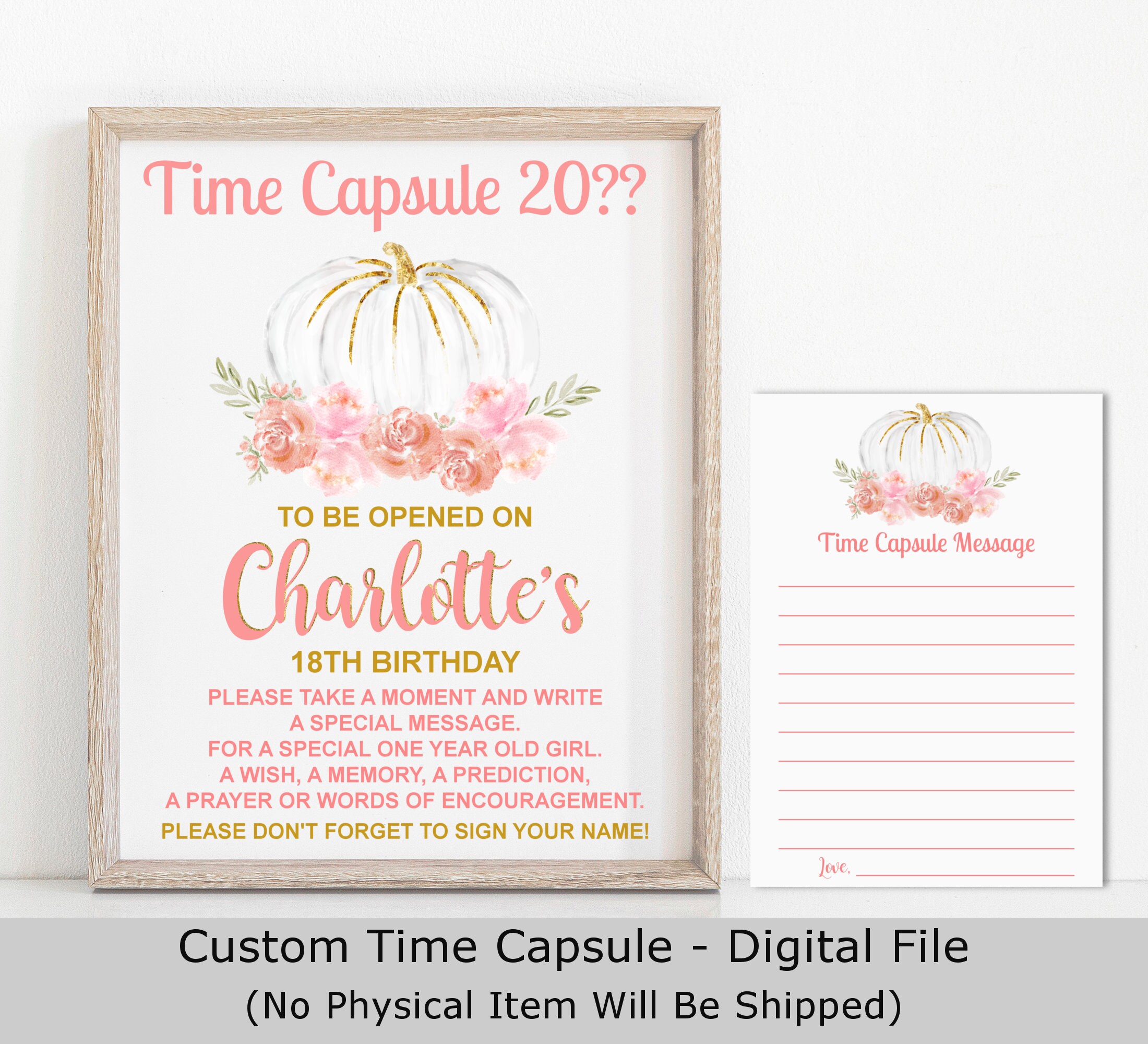 Time Capsule Pumpkin Fall Birthday Baby Shower Girl First Party Pink & Gold Personalized Printable File A87