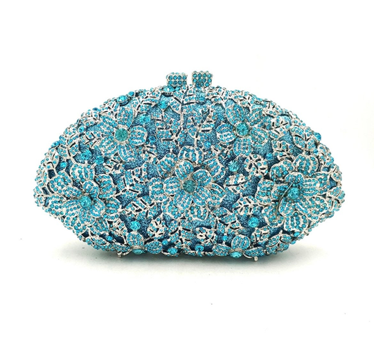 Flower Hollow Out Crystal Clutch, Aqua Blue Rhinestone Floral Bridal Wedding Evening Party Clutch