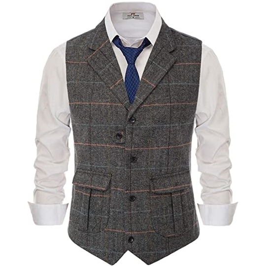 Mens Suit Vest Lapel Striped /Latticed Wool Tweed Blended Herringbone Silm Fit For Formal Casual Men's Vest Clothing 2021 - dark grey, m