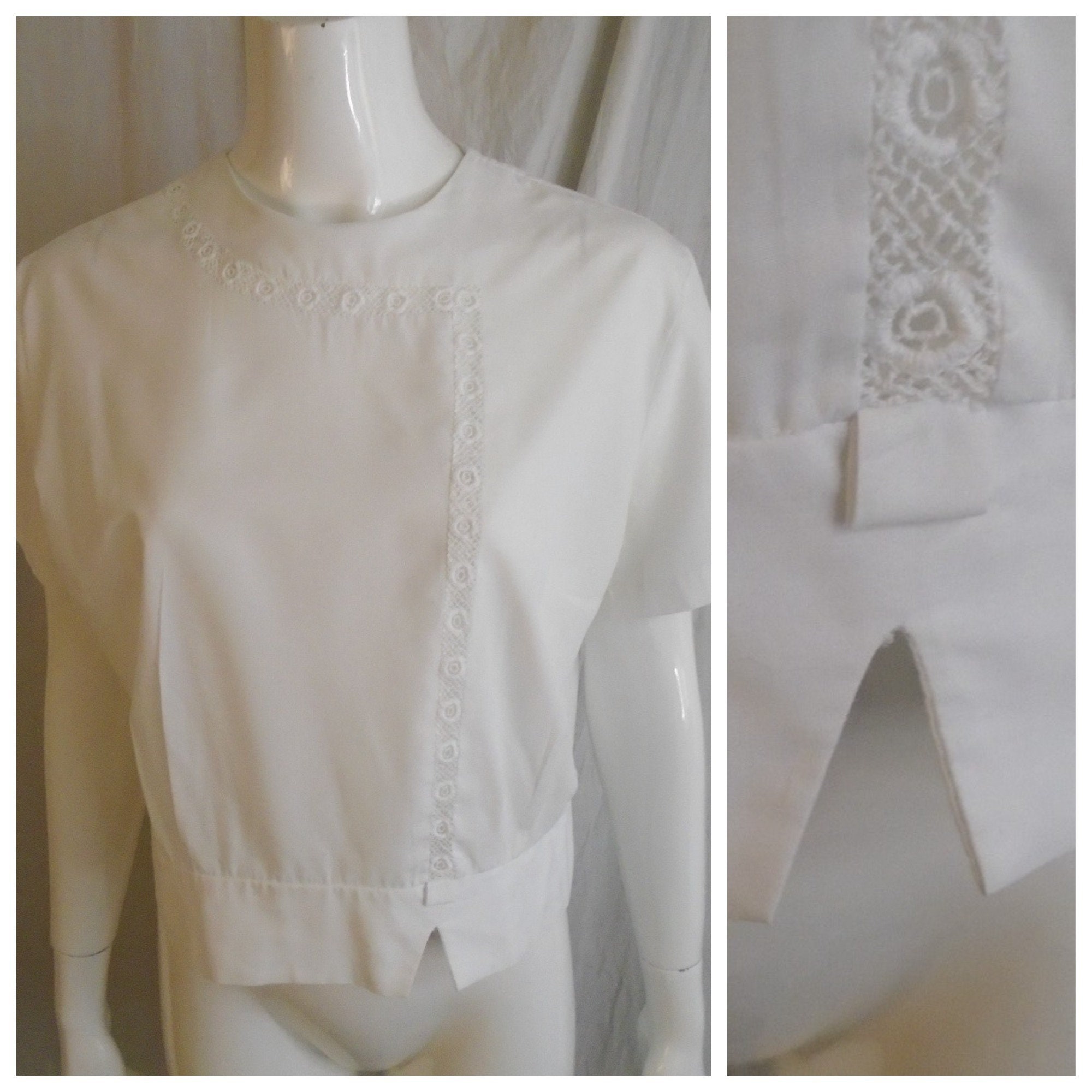 Vintage 1950S Blouse White Cotton Blend Back Button Cut Out Trim Xl