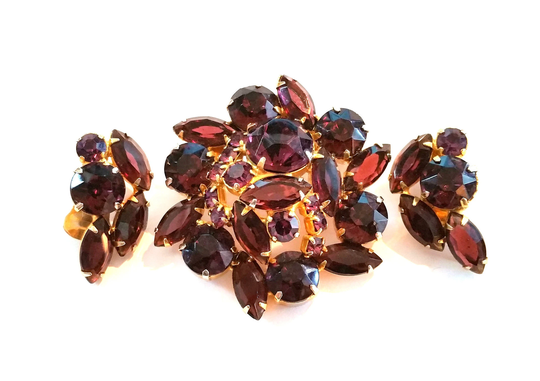 Gold Amethyst Crystal Brooch & Clip Earrings Set