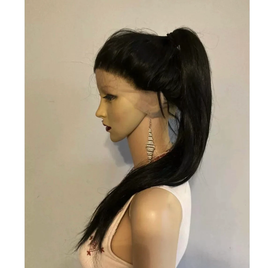 Long Straight Black Human Hair Blend 360 Lace 13x6 Parting Daily Updos Wig