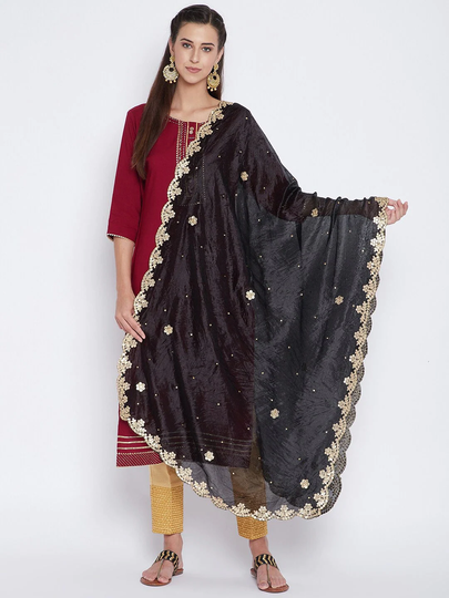 Women's Silk Blend Black & Gold-Toned Embellished Dupatta With Gotta Patti Free Shipping