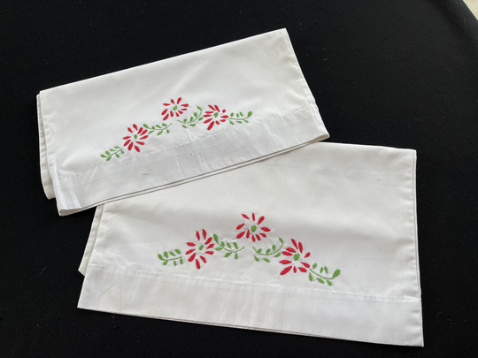 Pair Of Vintage White Poly Cotton Blend Pillowcases With Hand Embroidery Red Flowers