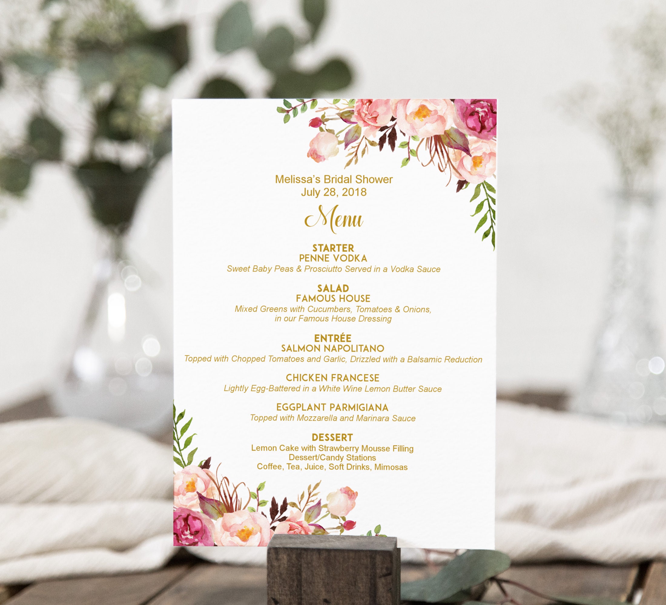 Menu Printable Pink Blush Bridal Shower Baby Birthday Wedding Sign Personalized Cards A36 A54 B54 C24