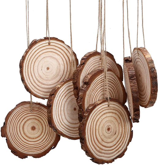 Bulk Wood Slices Blank Slice Ornaments Drilled Wholesale With Jute String 4.8" 10Pcs