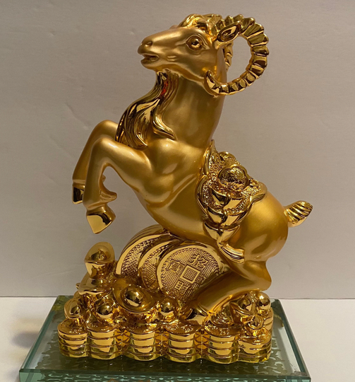 8.5" Gold Ram On Coins Or Yuan Bao With Glass Stand Statue