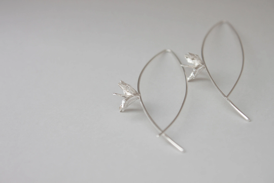 sterling Silver Flower Earrings, Dangle Wire Floral Long Arc Earrings