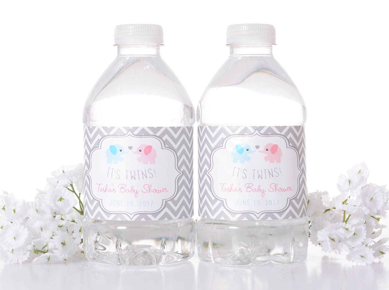 Custom Baby Shower Water Bottle Labels - Stickers Waterproof For Twins #bsiw-74