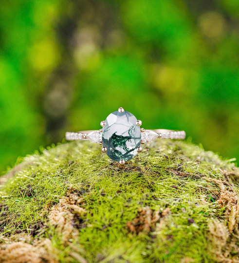 Vintage Engagement Ring Unique Moss Agate Diamond Gold For Women Art Deco Anniversary Gift Moissanite