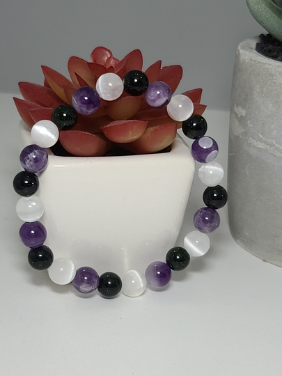 Selenite, Amethyst, & Dark Green Goldstone Beaded Bracelet