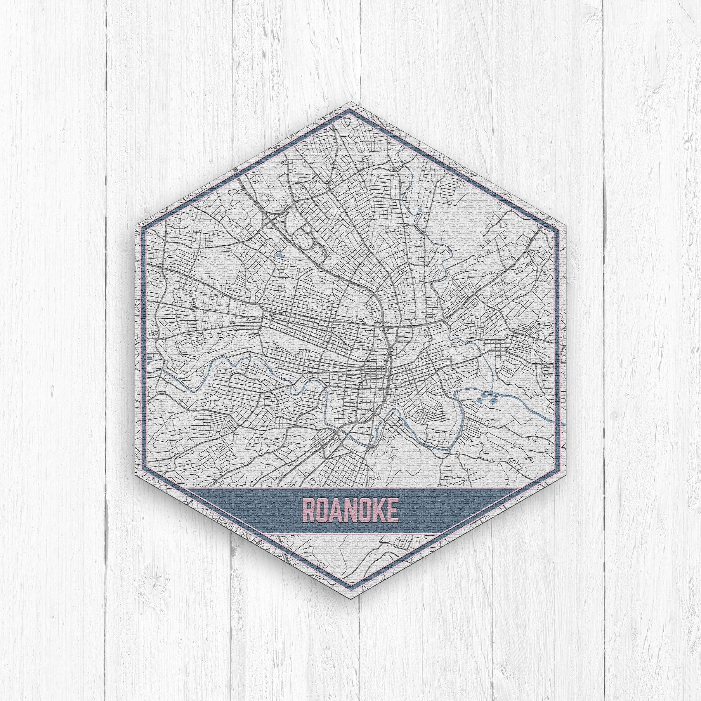 Roanoke Virginia Street Map, Hexagon, Gray & Blue Print, City Map