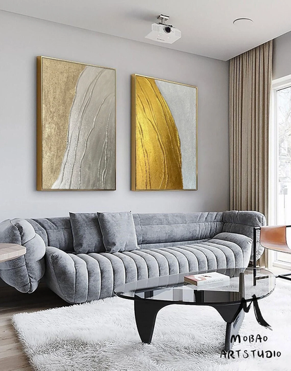 Silver 3D Textured Painting Set Of 2 Gold Abstract Wall Art White