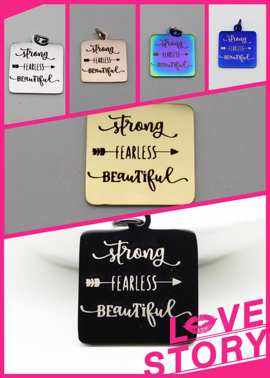 Bulk-5 Pcs. Strong Fearless Beautiful Square Stainless Steel Charms, Pendants, Empowerment Mirror Polished Charms B215-B220