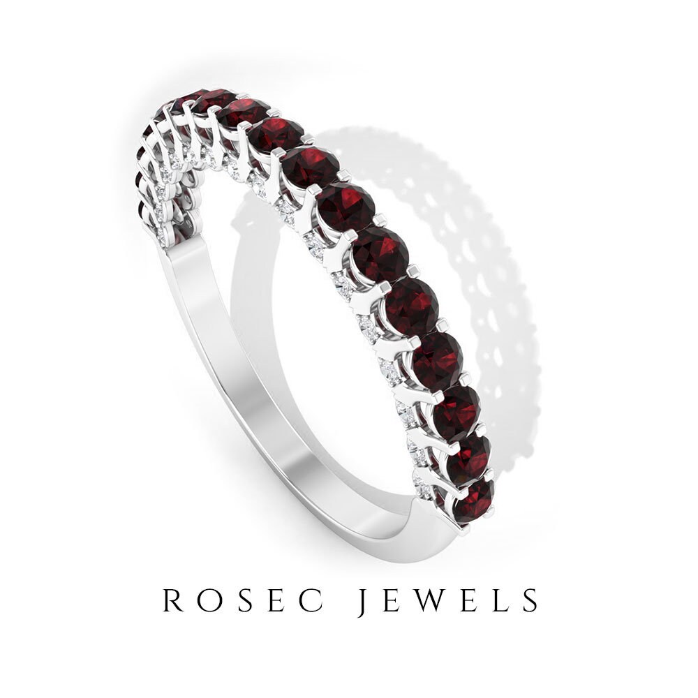 Semi Eternity Band, 1 Ct Garnet & Diamond Ring, Minimal Band Ring