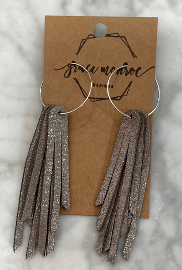 Shimmering Taupe Leather Short Fringe Earrings, Trending Western Boho