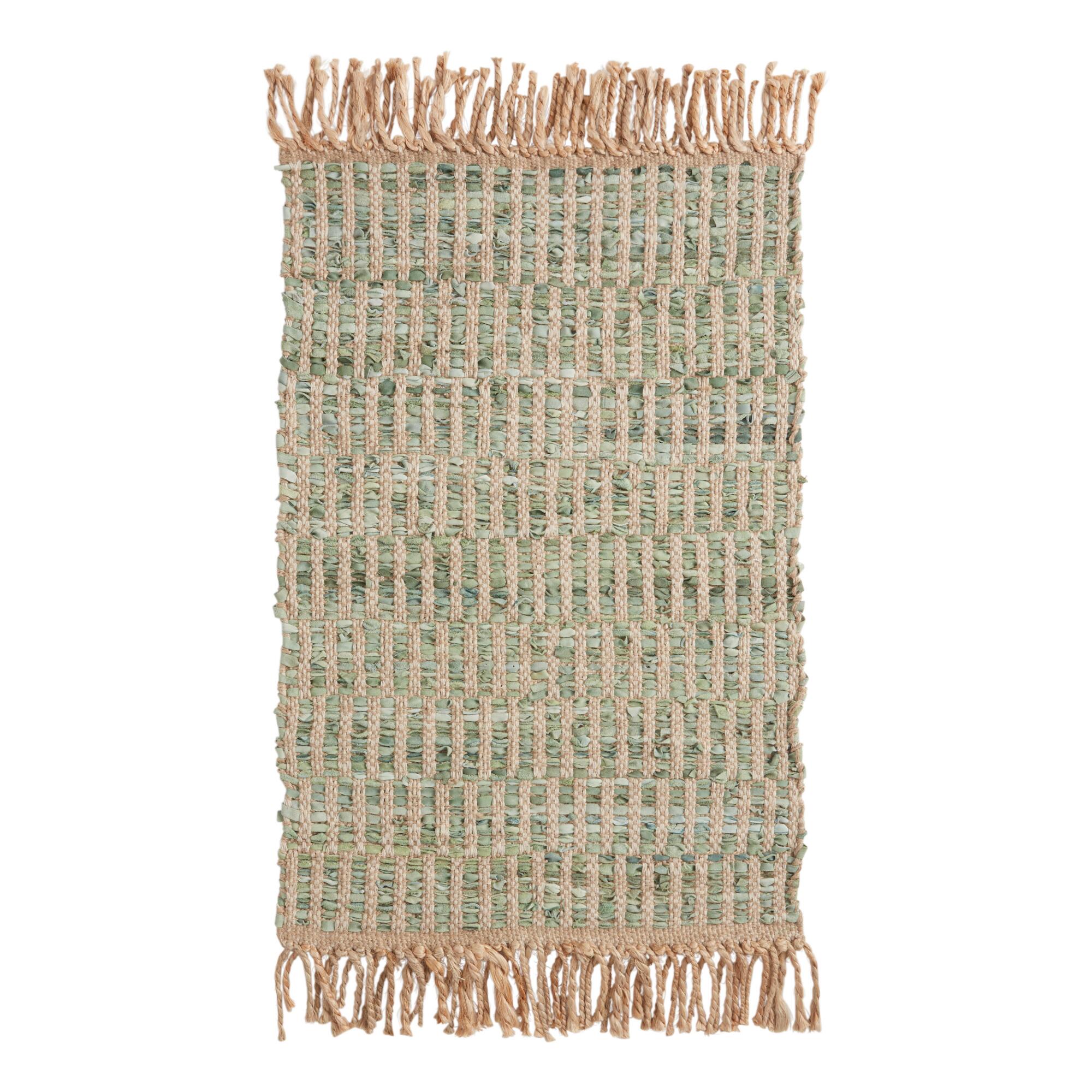 Green and Natural Geometric Leather and Jute Area Rug - 2' x 3' by World Market