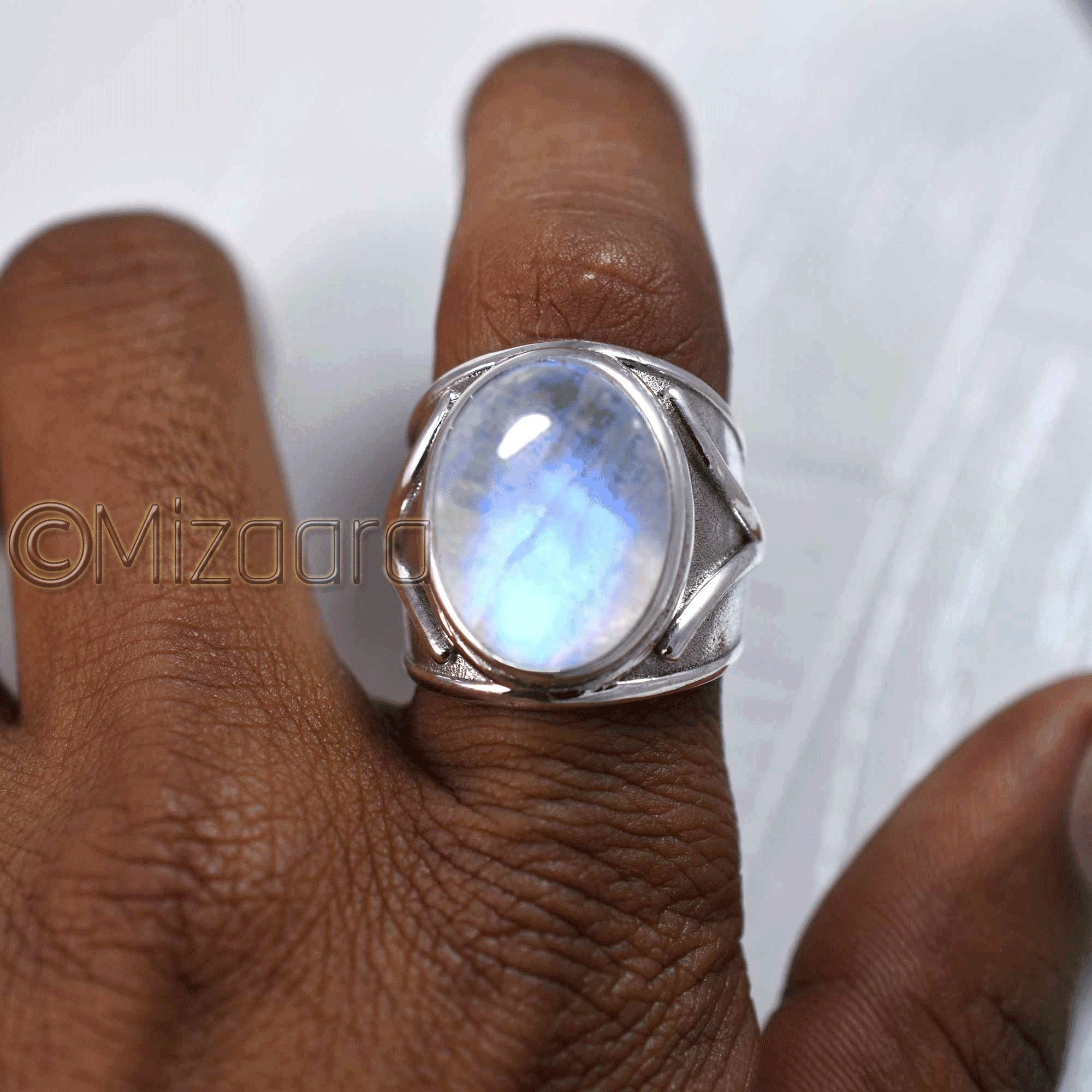 Rainbow Moonstone 925 Sterling Silver Blue Fire Big Gemstone Ring Heavy Men's Huge Man's Boys
