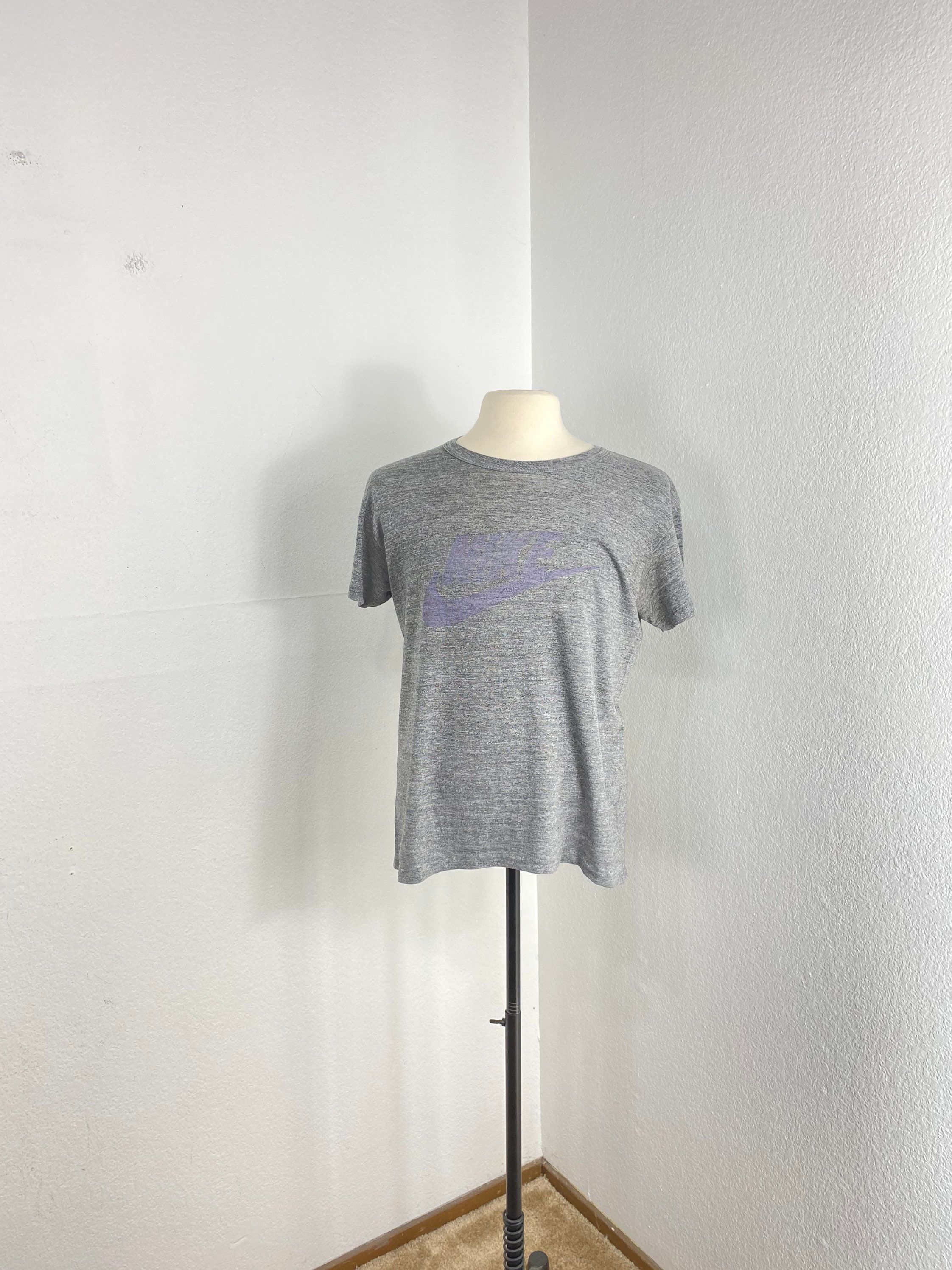 80S Vintage Nike Heather Grey 50/50 Blend Logo T Shirt Size Large