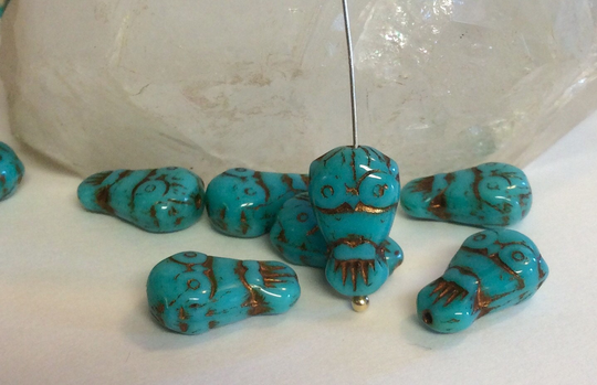 Czech Glass Owl Bead Bronzed Turquoise18mm X 11 Qty 4
