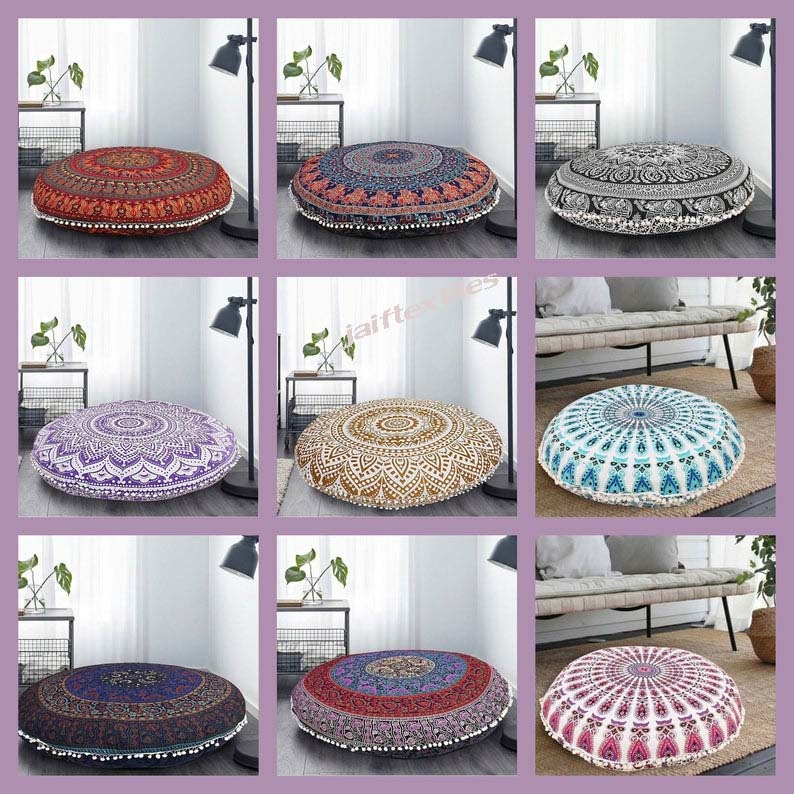 Mandala Large Floor Pillow Case, Colorful Round Boho Mini Cute Decorative Ethnic Throw, Cotton Pillows Bohemian