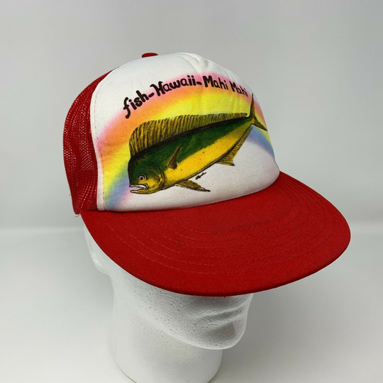 Vintage 1980S Fish Hawaii Mahi Snapback Trucker Hat Mesh Seafood Rainbow