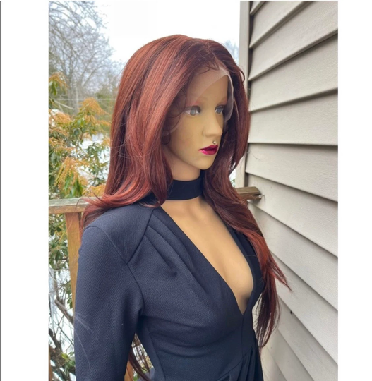 Long Brown Copper Front Lace Human Hair Blend Daily Wig