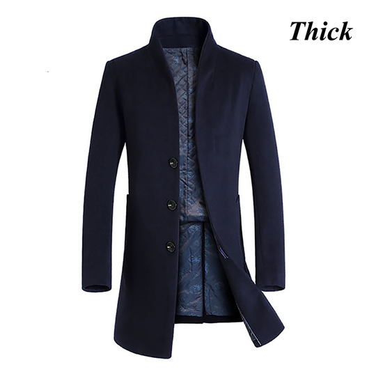 Winter New Men's Fine Wool Blend Solid Color Casual Business Stand Collar Woolen Coats / Male Slim Windbreaker Coat Men Jackets - navy blue thick, s