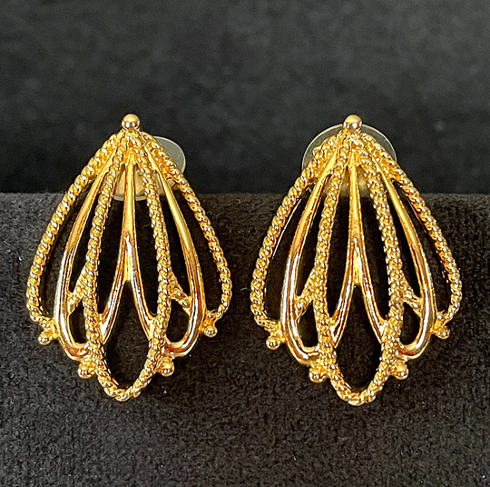 1990's Open Ribbed & Plain Loops Stud Earrings, Large Statement Balls At Loop Joints, Shiny, Excellent Vtg Cond., Size in Photo