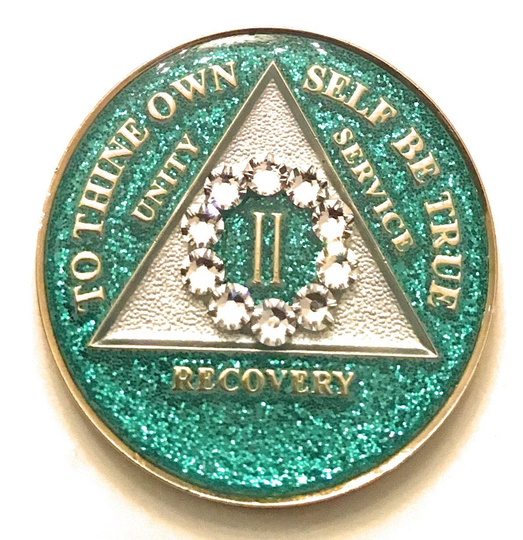 Aa, Alcoholics Anonymous, Aqua, Turquoise, Blue, Glitter Medallion With Circle Of White Swarovski Crystals, Bling, Chip, Coin, Token