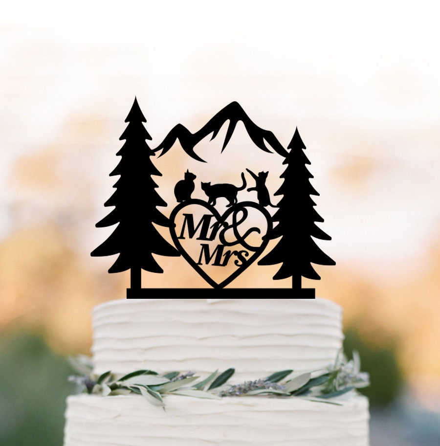 Outdoors Wedding Cake Topper Mountain With 3 Cats, Tree, Mr & Mrs Anniversary Gift, Pine Tree